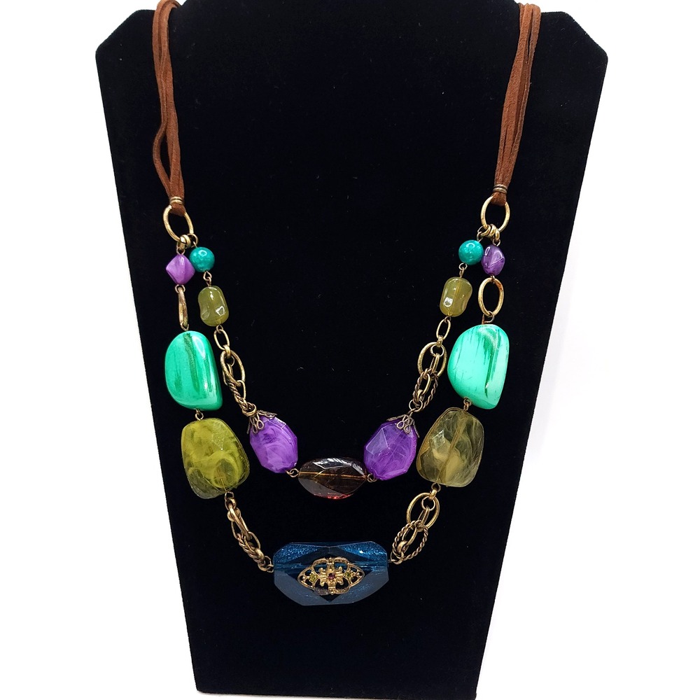 Boho Chunky Bead Necklace Multicolor Acrylic Faux Suede Statement
